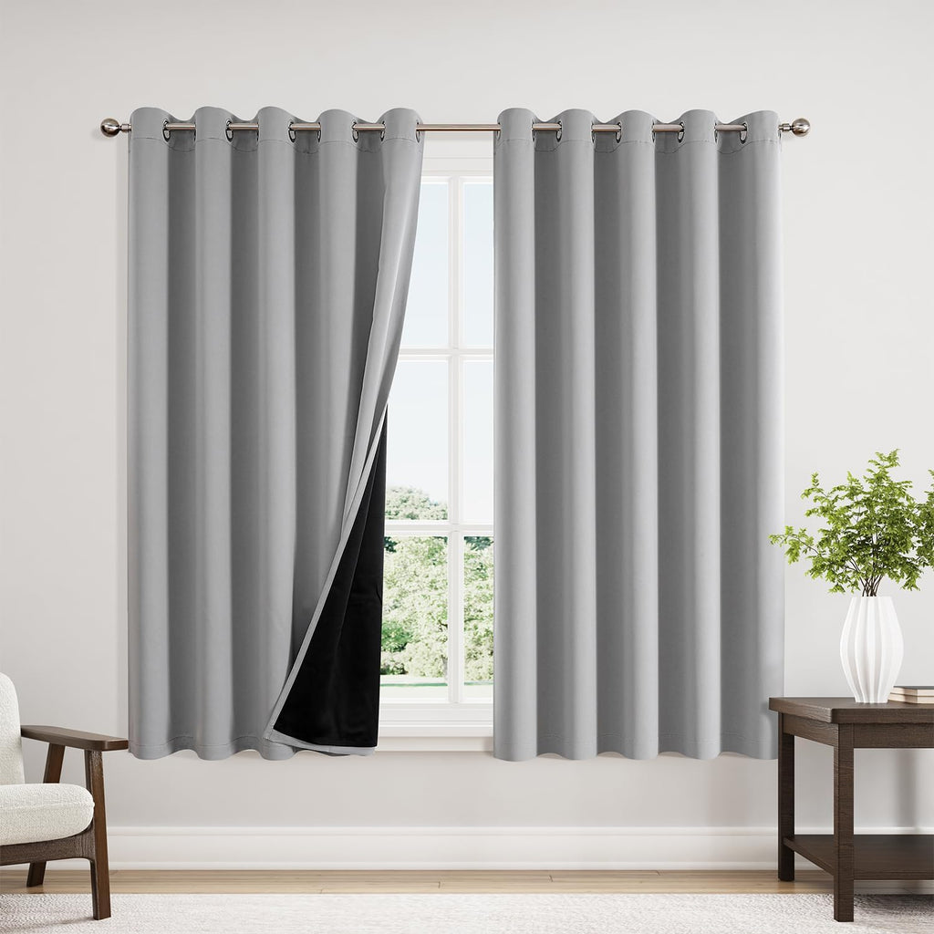 ChrisDowa 100% Blackout Curtains 63 inch Long for Bedroom with Black Liner, Extra Wide 2 Thick Layers Total Blackout Thermal Insulated Grom…