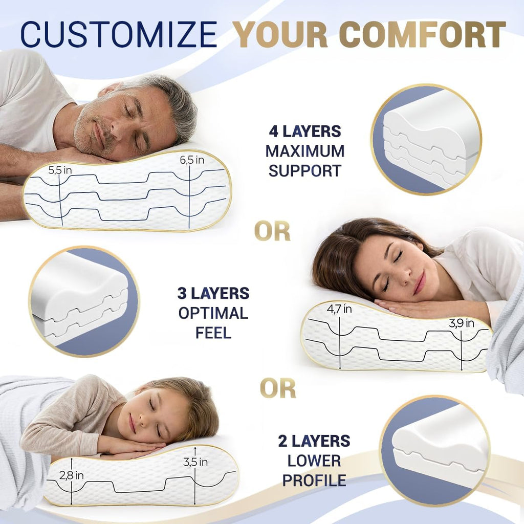 Royaltherapy Memory Foam Pillow, Cervical Pillow, 4-Layer Queen, Contour Pillow, Side Sleeper, Neck Support, Pillow for Neck Pain, CertiPUR…