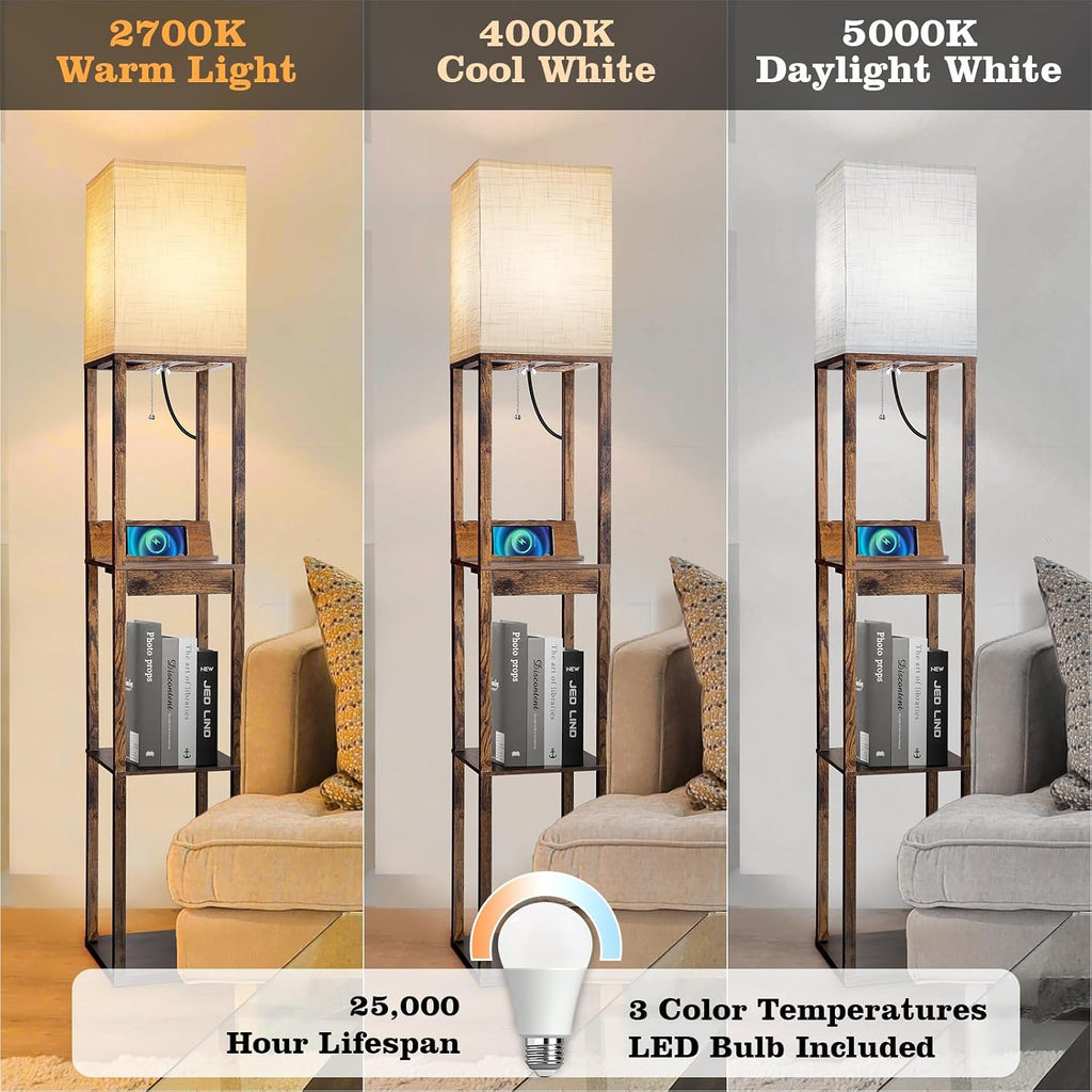 RUNTOP Floor Lamp with Shelves, Shelf Floor Lamp with Wireless Charger & 2 Charging USB Ports & Drawer, AC Outlet, 3 Color Temperature…