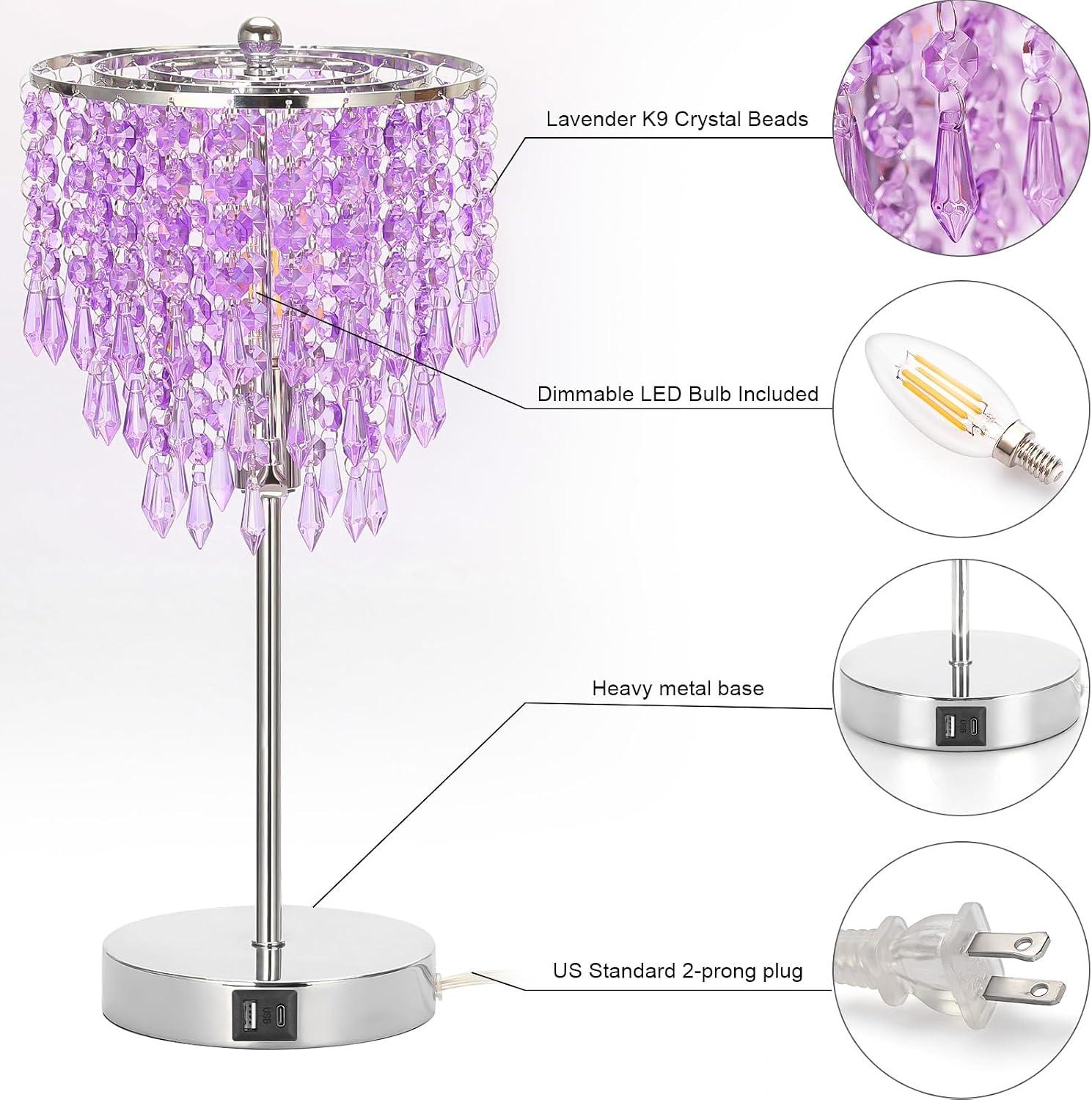 USB Bedside Crystal Lamp, 3 Way Dimmable Touch Nightstand Lamp with Dual USB Charging Ports, Lavender Table Lamp Decorative Accent Lamp…