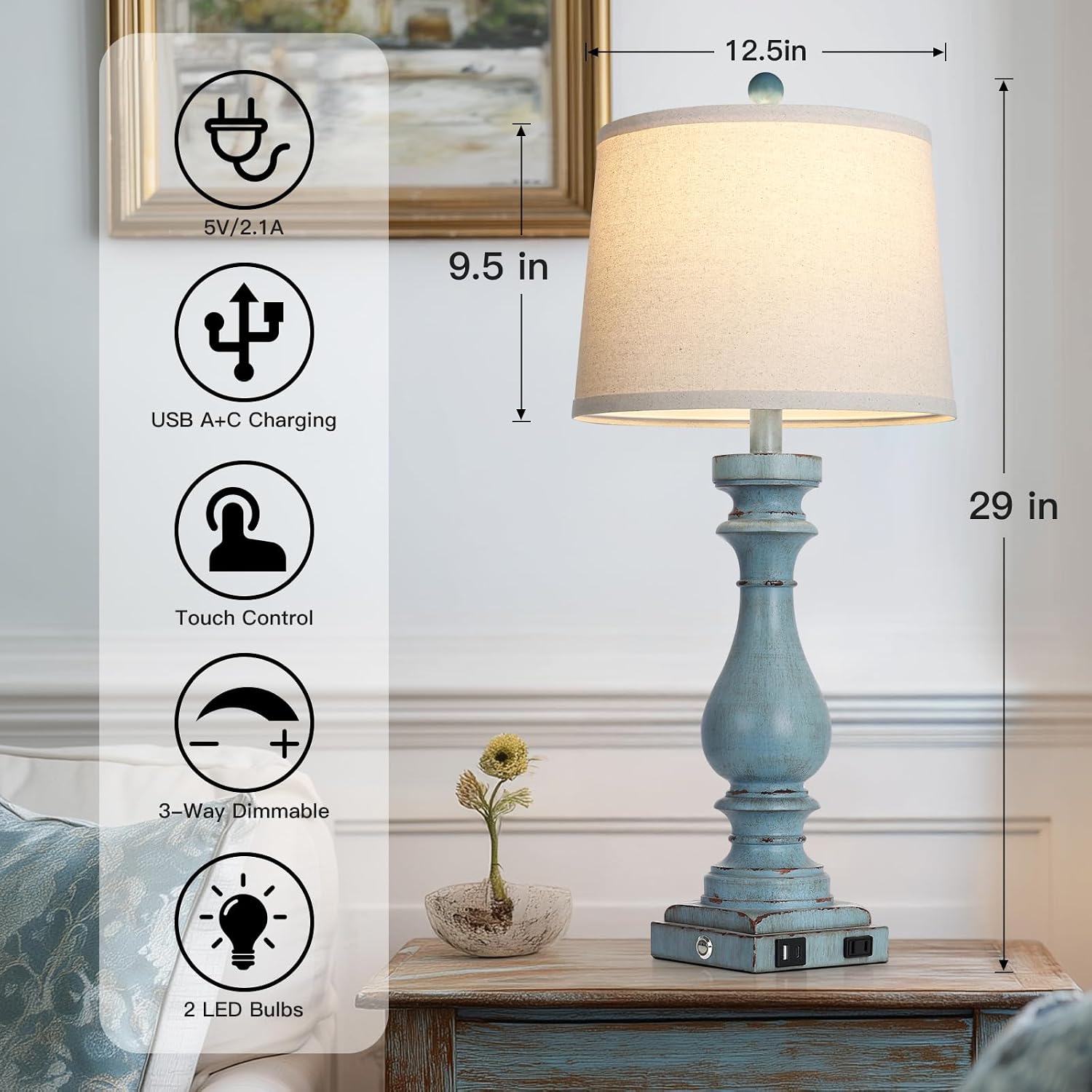 Cinkeda 29" Tall Table Lamp for Living Room Set of 2, Coastal Bedside Nightstand Lamps with USB C+A Ports & AC Outlet,3-Way Dimmable Touch…