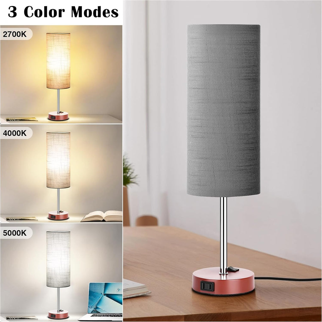 ZJOJO Table Lamp for Bedroom 2 Pack,18in Bedside Lamps with 3 Way Dimmable Rocker Switch & AC Outlet, Nightstand Desk Lamp with Gray…