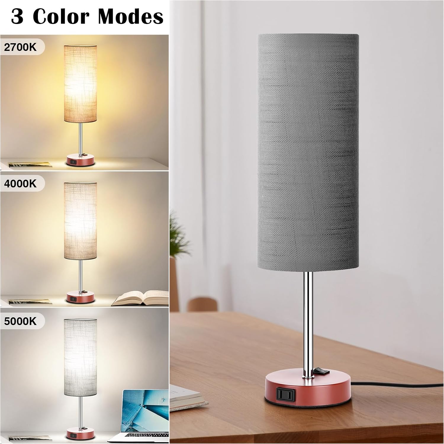 ZJOJO Table Lamp for Bedroom 2 Pack,18in Bedside Lamps with 3 Way Dimmable Rocker Switch & AC Outlet, Nightstand Desk Lamp with Gray…