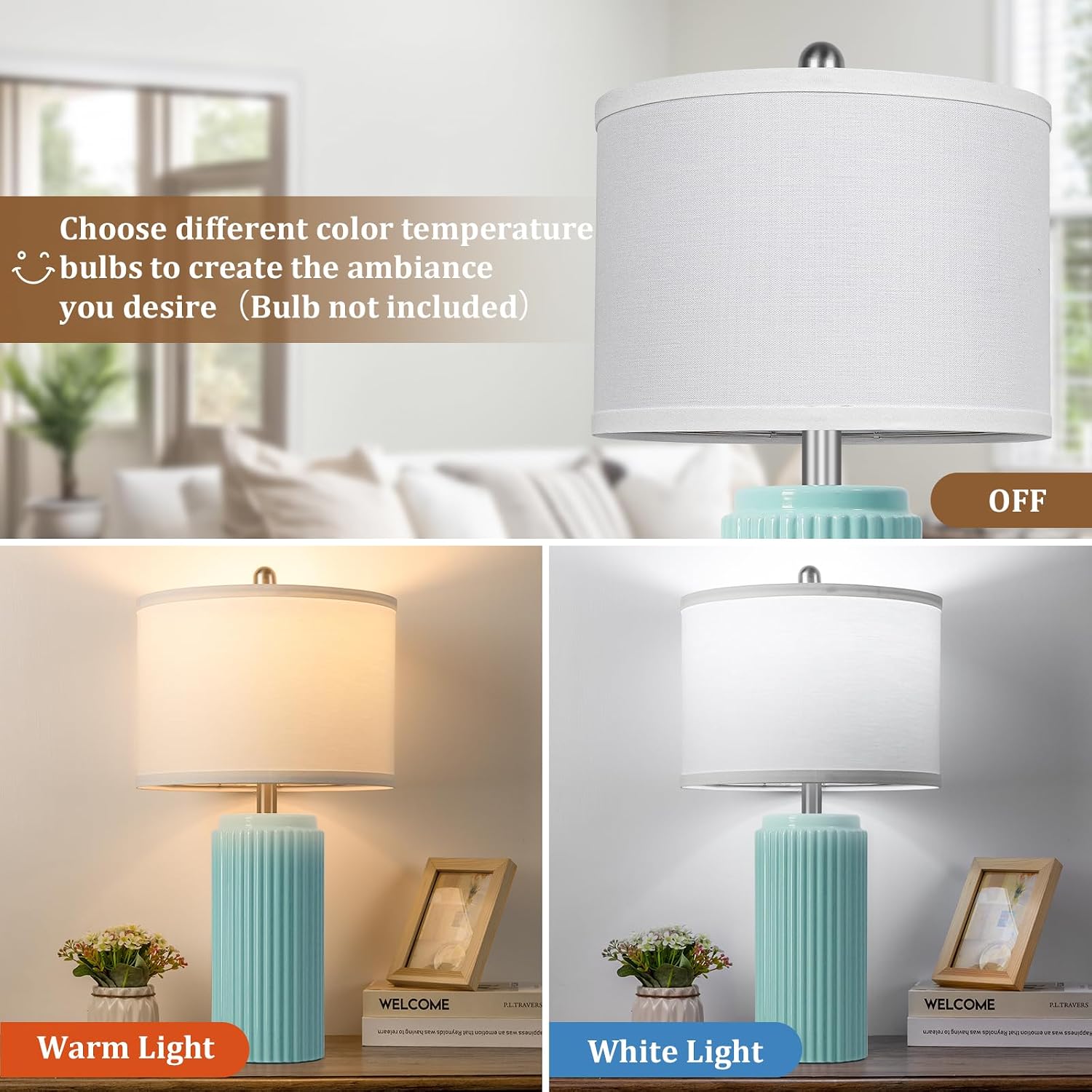 Tobusa 23.5’’ Light Green Coastal Table Lamps for Bedroom Set of 2, Modern Ceramic Nightstand Lamps for Living Room, Elegant Bedside Lamps…