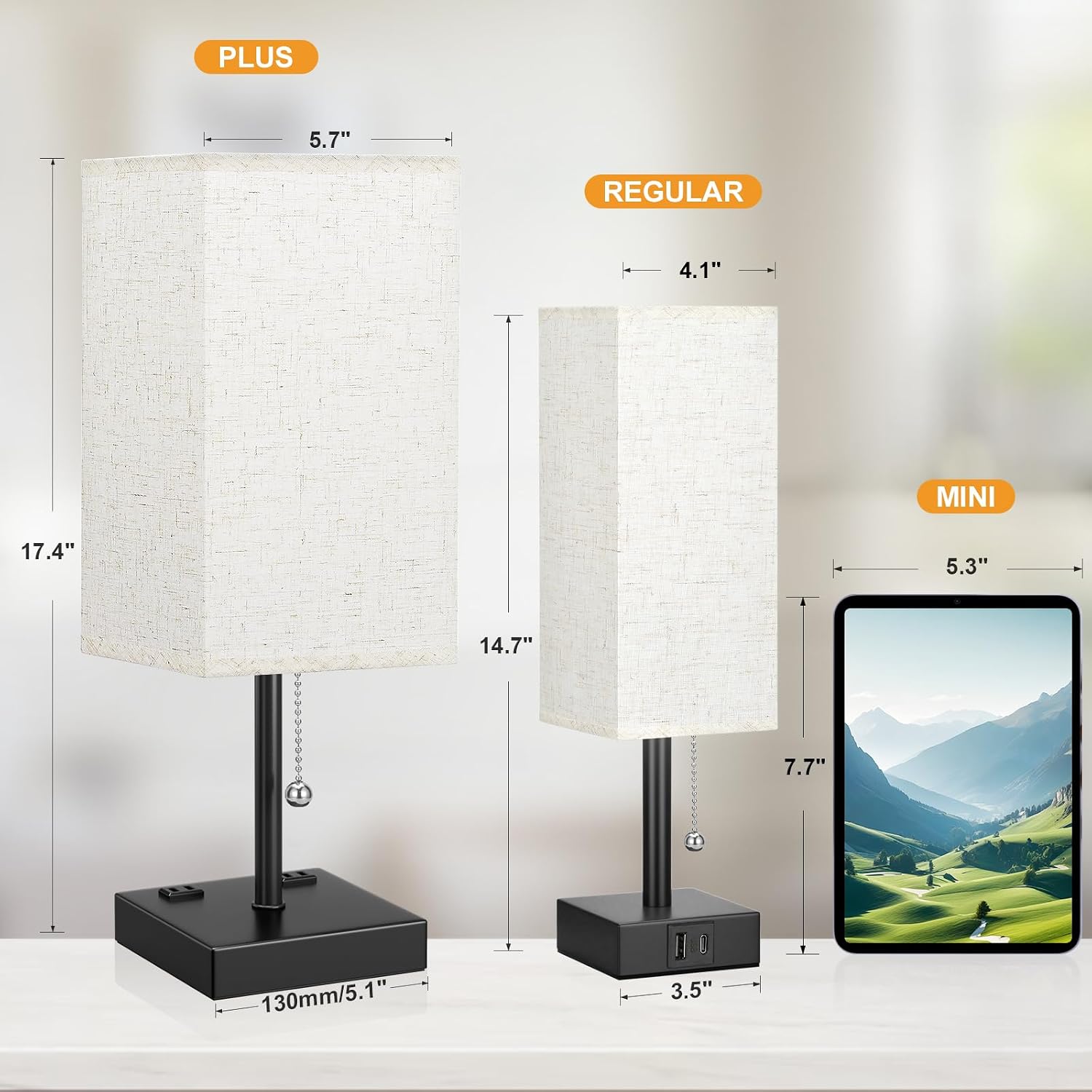 Aooshine Beige Table Lamp for Bedroom - 3 Color Temperature 3000K 5000K 4000K Bedside Lamp, Pull Chain Control, USB A and C Ports, AC Outle…