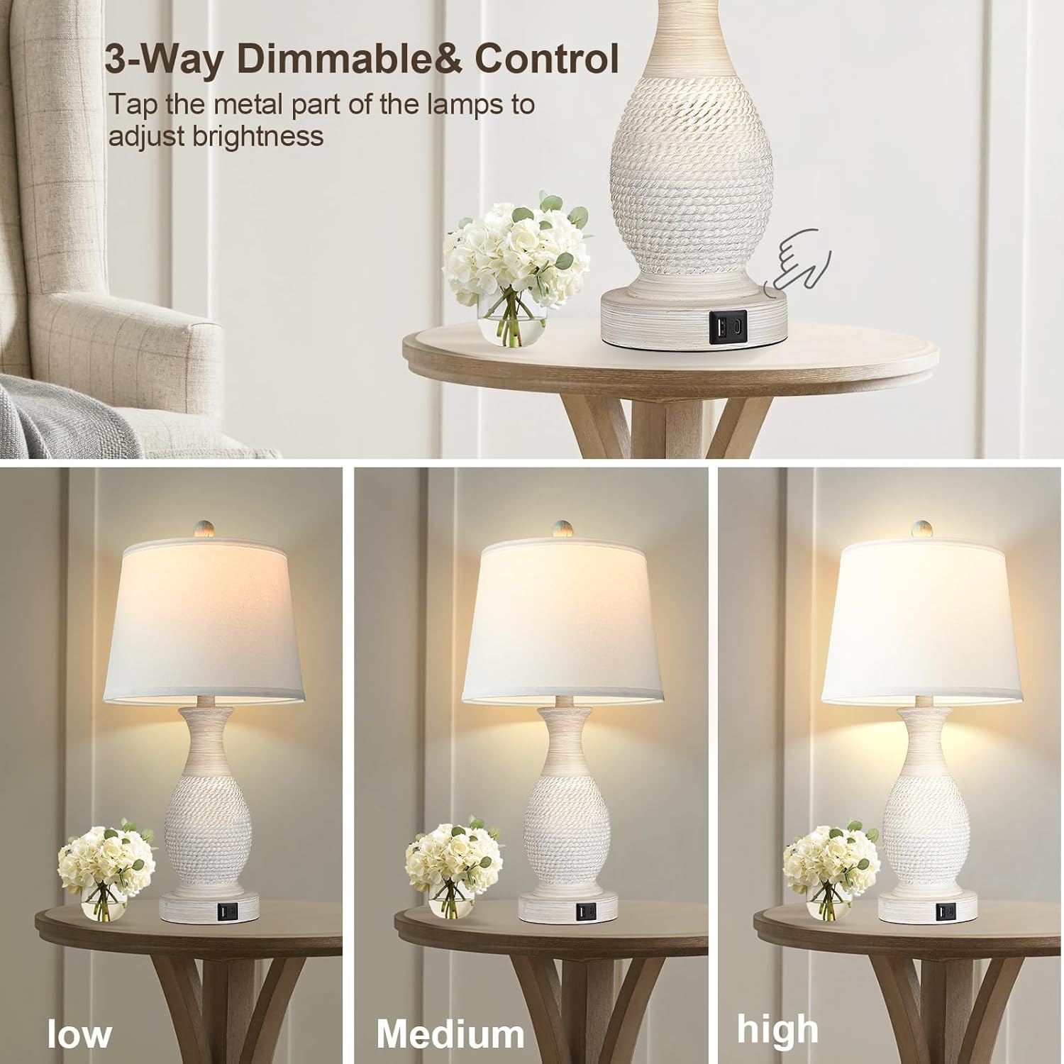 PARTPHONER Table Lamps Set of 2, Bedside Touch Lamp with USB C+A Charging Ports, Side Table Lamp with White Fabric Shade (LED Bulbs…