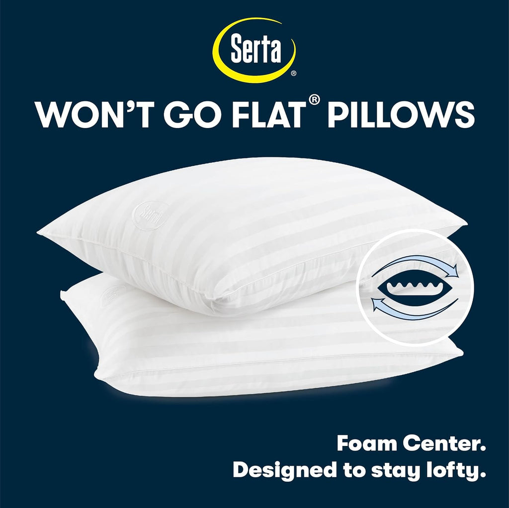 Serta Won't Go Flat Down Alternative Bed Pillows, Extra Life Foam Core with Medium Support, Perfect for Back, Stomach or Side Sleepers (2 P…