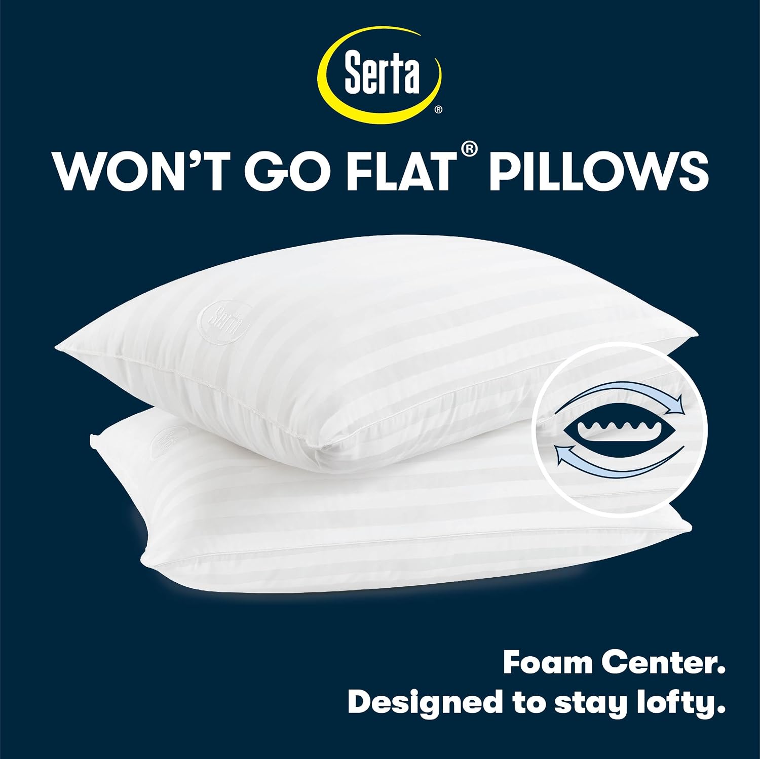 Serta Won't Go Flat Down Alternative Bed Pillows, Extra Life Foam Core with Medium Support, Perfect for Back, Stomach or Side Sleepers (2 P…