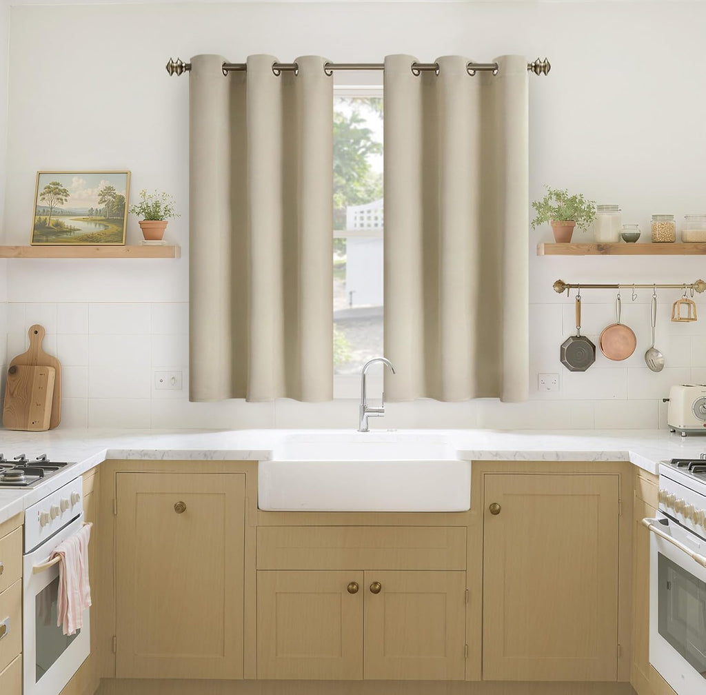 YoungsTex 48 Inch Length Beige Blackout Curtains for Short Windows - Thermal Insulated Drapes with Grommet Light Blocking for Bedroom Room…