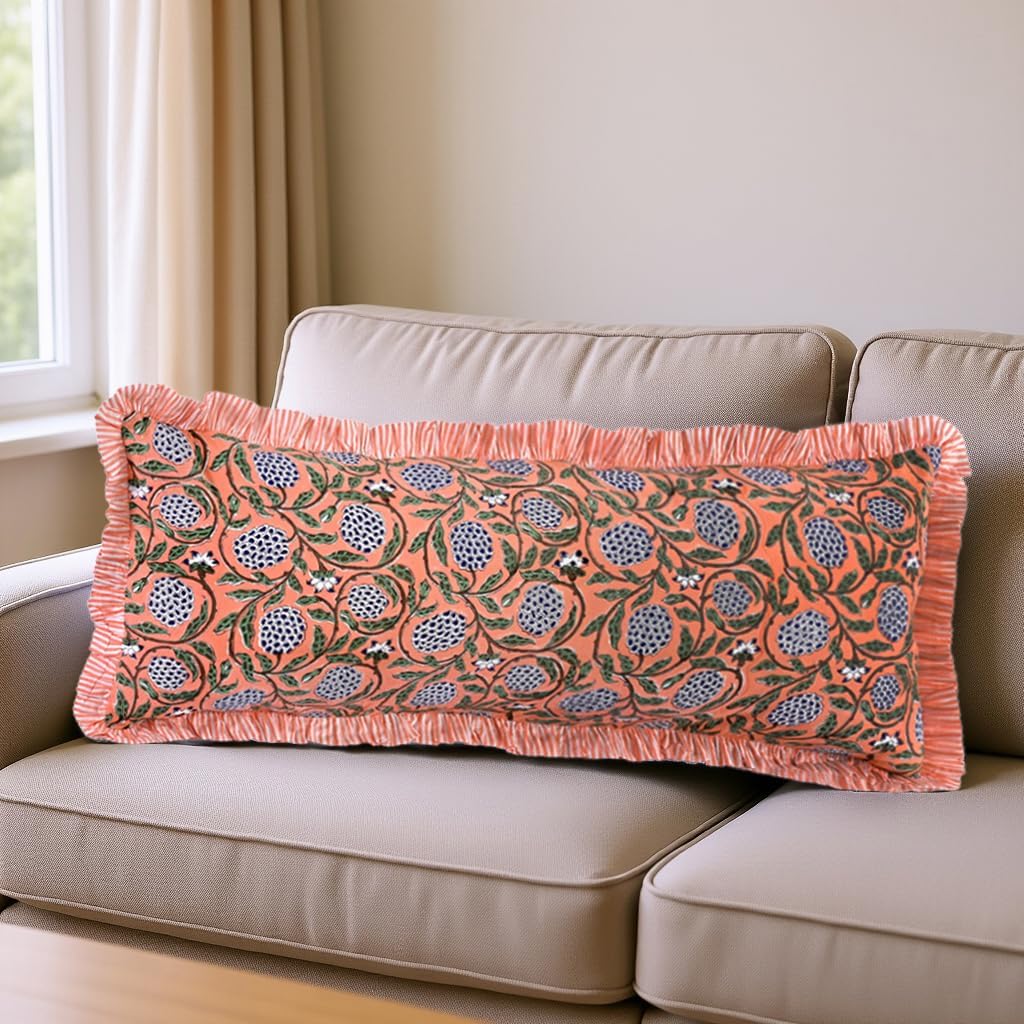 Ridhi Block Print Dark Salmon Pink 36"x14" Set 1-100% Cotton Ruffle Lumbar Sham Cover Boho Floral Pillowcase, Farmhouse Cottagecore…