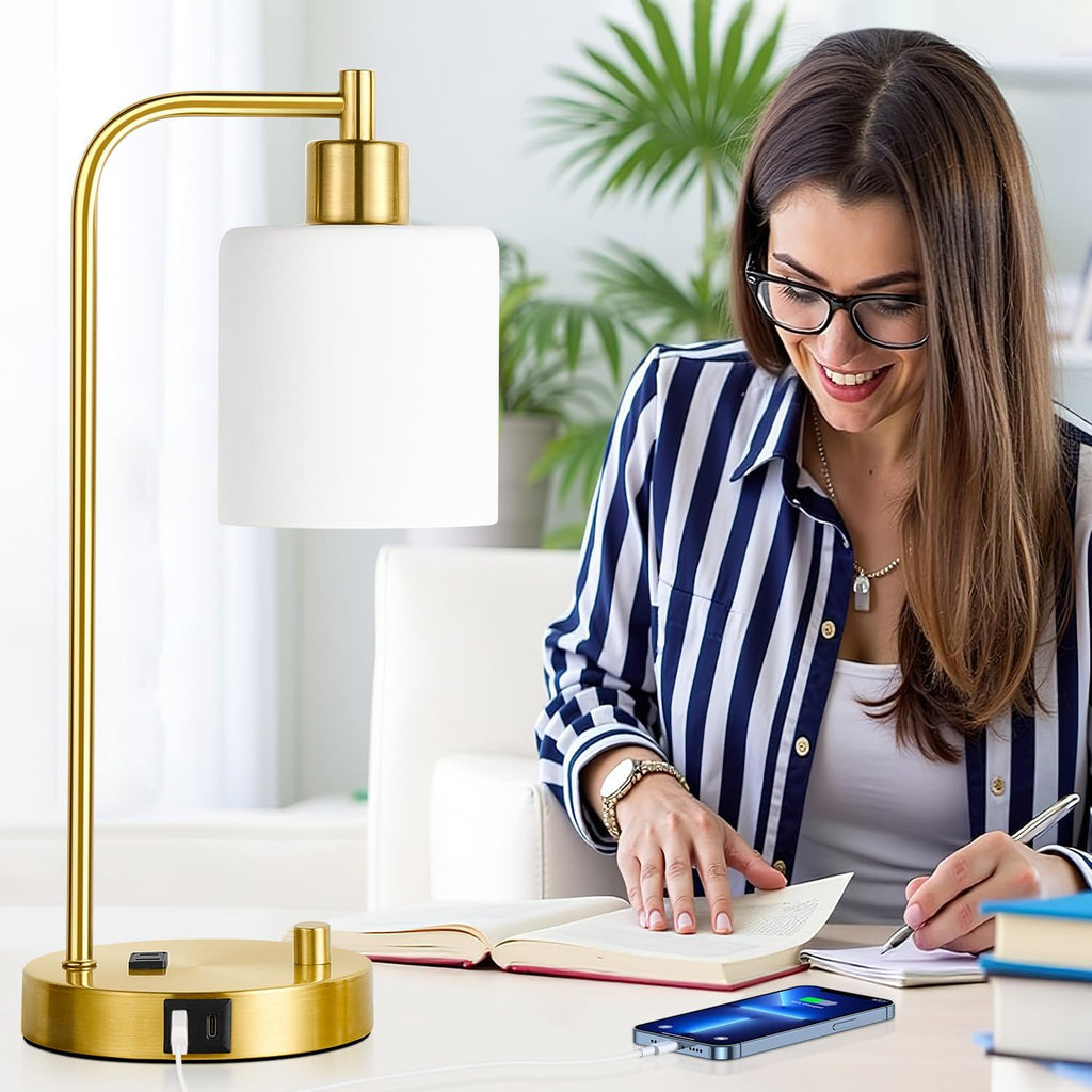 Lynnoland Set of 2 Industrial Table Lamps with USB C+A Ports and Outlet, Gold Fully Stepless Dimmable Bedside Lamps, Nightstand Lamp with…