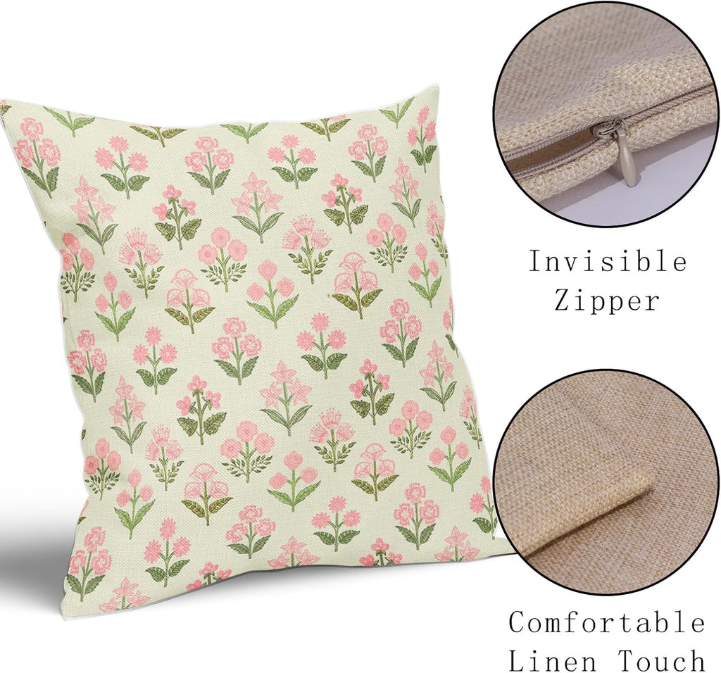 Pink Green Floral Pillow Covers 24x24 Inch Set of 2, Vintage Flower Block Print Decorative Throw Pillowcases Outdoor Farmhouse Cushion…