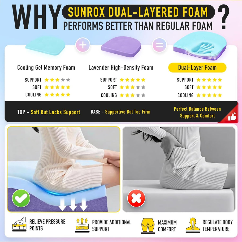 Sunrox Cooling Gel Memory Foam Chair Cushions, 2.6" Thick U-Shaped Dual-Layer Comfort Dining Chair Pads, Non Slip Seat Cushion with Ties fo…