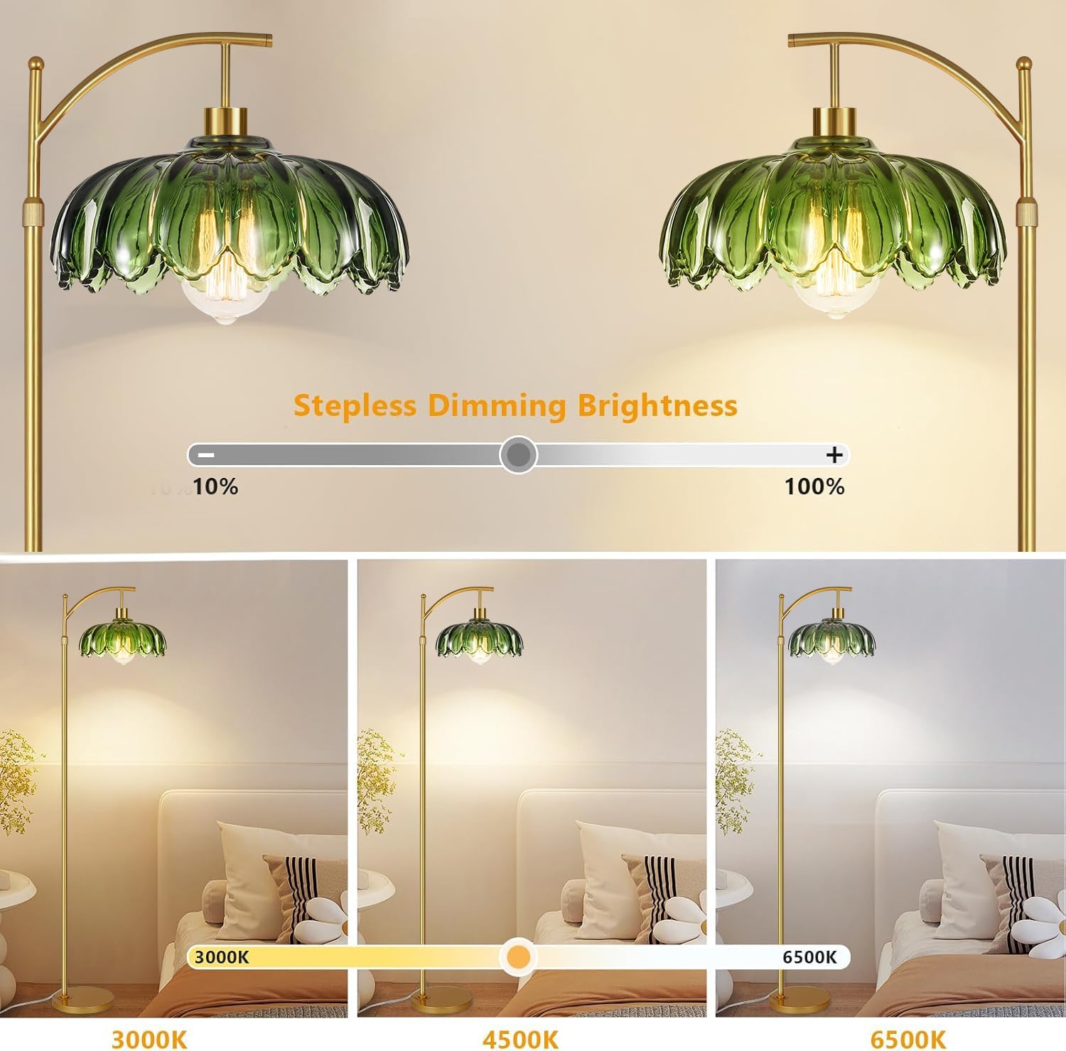 ZECOXOL Gold Floor Lamps for Living Room Vintage Green Floor Lamp with Remote Control & Glass Lampshape, Dimmable Mid Century Modern…