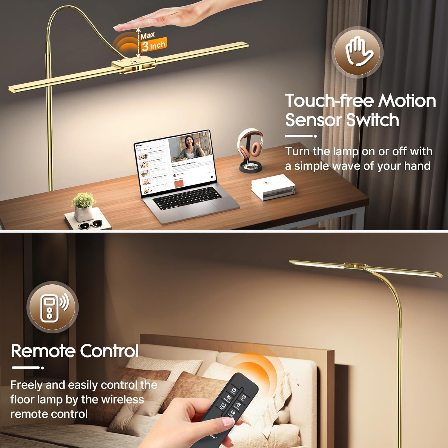 Syrinx LED Floor Lamp, 18W 2000LM Bright Reading Floor Lamp for Office, Gesture & Remote Control, Dual Head Gooseneck Standing Lamp…