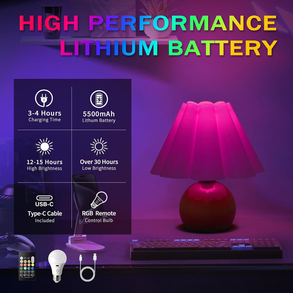 Rechargeable Cordless Green Small Table Lamp, Battery Operated Remote Control LIght Mini Cute Table Lamps for Bedroom Nightstand, Cute…
