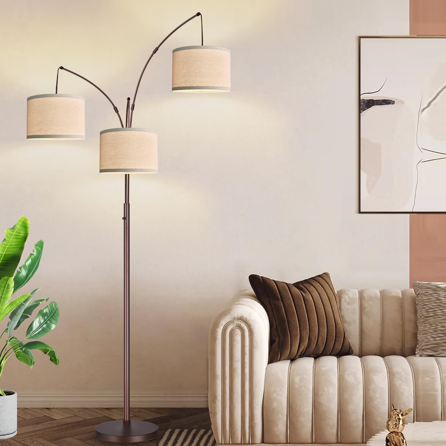 Dimmable Floor Lamp - 3 Lights Arc Floor Lamps for Living Room, 1000LM Modern Tall Standing Lamp With Beige Shades, Mid Century Tree…