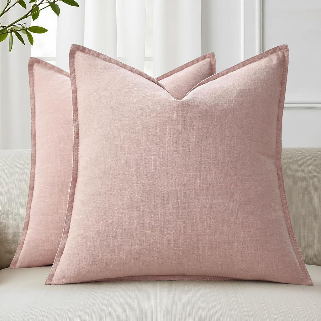 decorUhome Summer Decorative Linen Throw Pillow Covers 20x20 Inch Set of 2 Pink Pillow Covers with Flange Edges Soft Farmhouse Boho Accent…