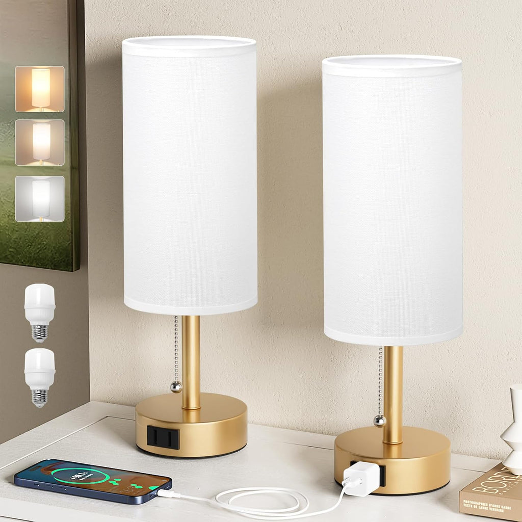 Fenmzee Gold Bedside Table Lamps Set of 2-3 Color Temperatures Pull Chain Lamp with AC Outlet Charging Port, Two Round Night Stand Lamps…