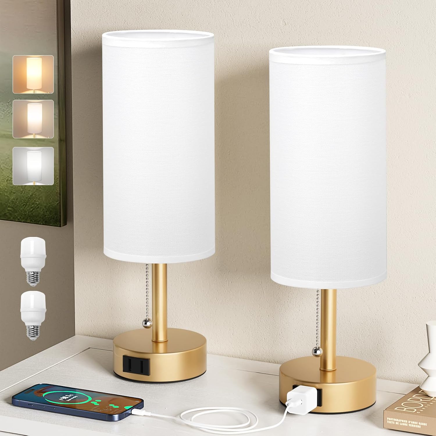 Fenmzee Gold Bedside Table Lamps Set of 2-3 Color Temperatures Pull Chain Lamp with AC Outlet Charging Port, Two Round Night Stand Lamps…