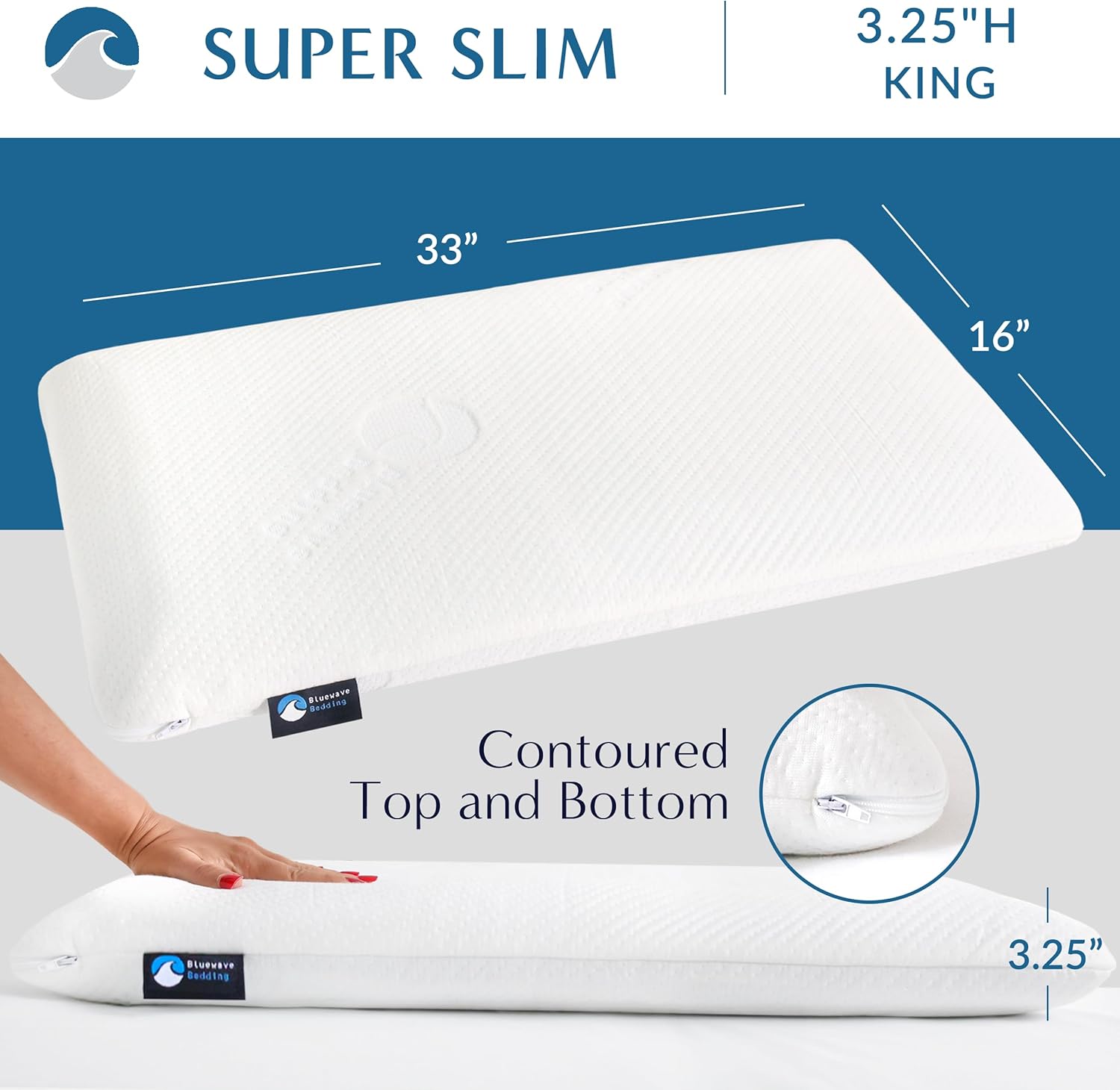 BluewaveBedding Bluewave Bedding Super Gel Memory Foam Pillow for Stomach and Back Sleepers - Thin, Flat Design for Cervical Neck Alig…