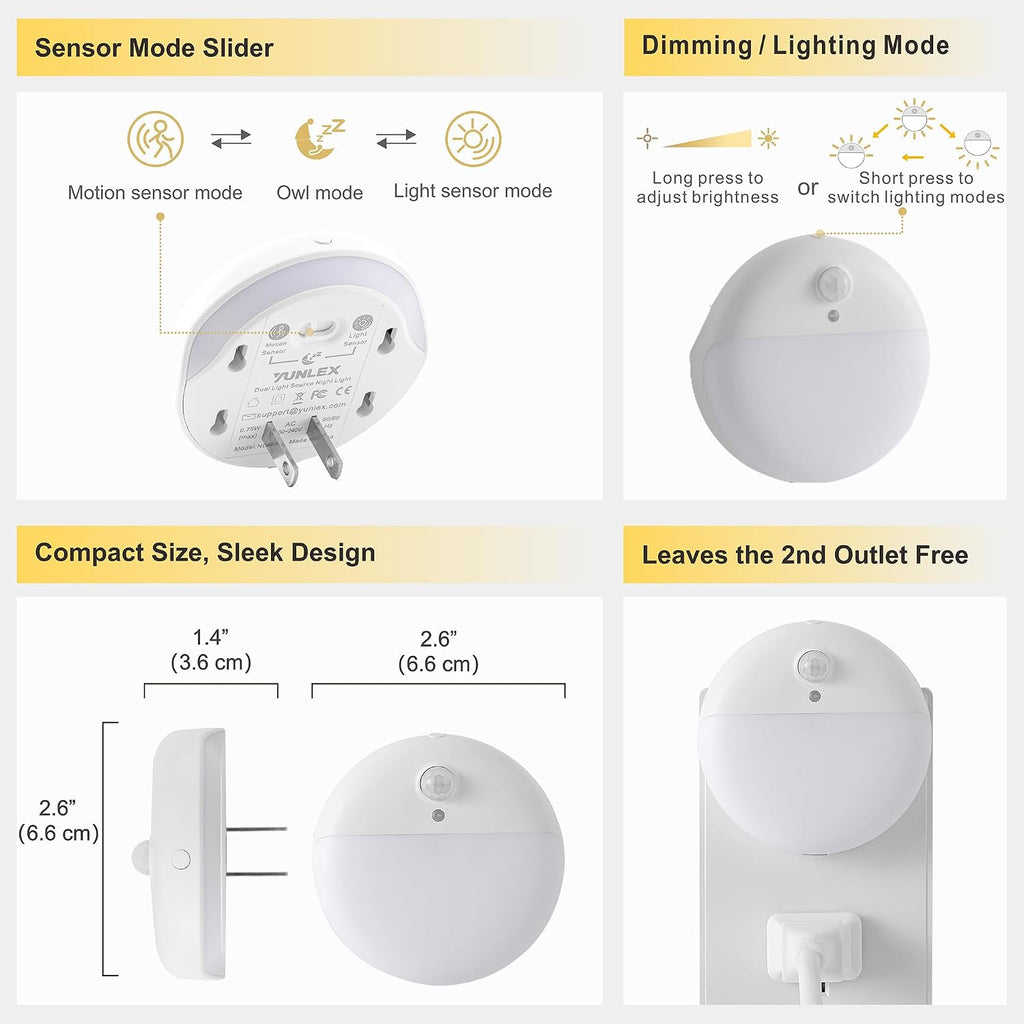 YUNLEX 2 Pack Plug in Night Light with Motion Sensor and Dusk to Dawn Sensor, Stepless Dimming, Blue LED Nightlight with 3 Lighting Ways…