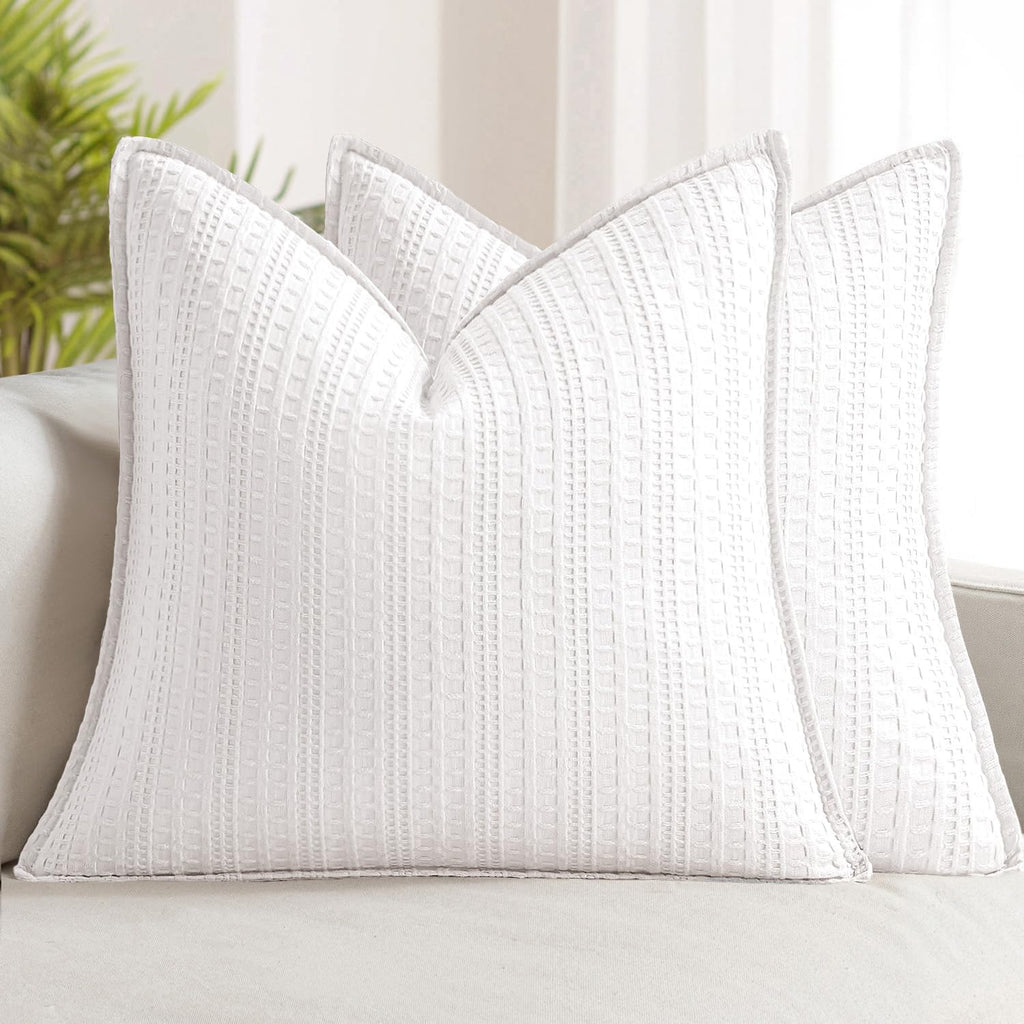 Set of 2 Decorative 100% Cotton Waffle Throw Pillow Covers 18x18, Neutral Euro Shams Weave European Cushion Cases for Couch Sofa Bed…