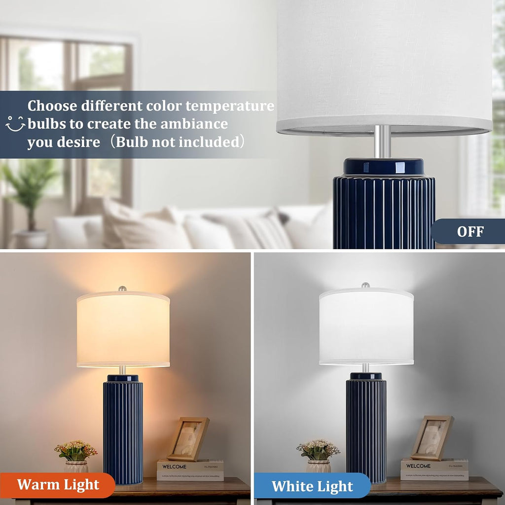 Tobusa 28’’ Modern Ceramic Table Lamps for Living Room Set of 2, Tall Farmhouse Bedside Lamps with Linen Shade, Dark Blue Rustic Nightstand…
