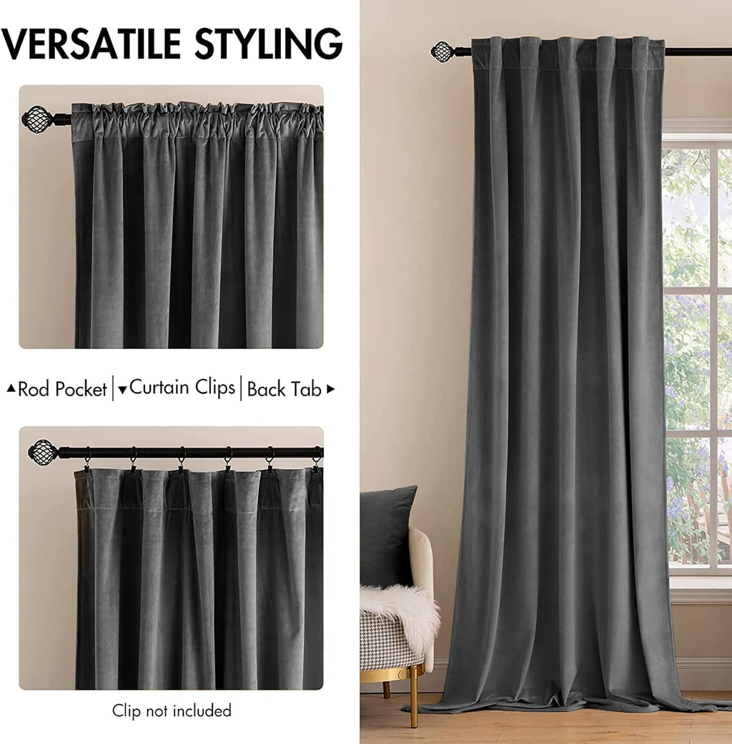 Miulee Grey Velvet Curtains 90 inches 2 Panels - Luxury Blackout Curtains for Bedroom Living Room Thermal Insulated Super Soft Window Drape…