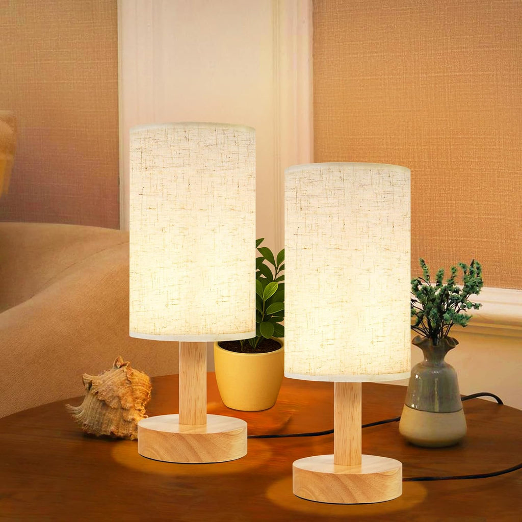 Small Bedside Table Lamps for Bedroom Set of 2, Natural Round Wood Base&Fabric Linen Shade, Cozy Night Light for Study Reading, Minimalist…