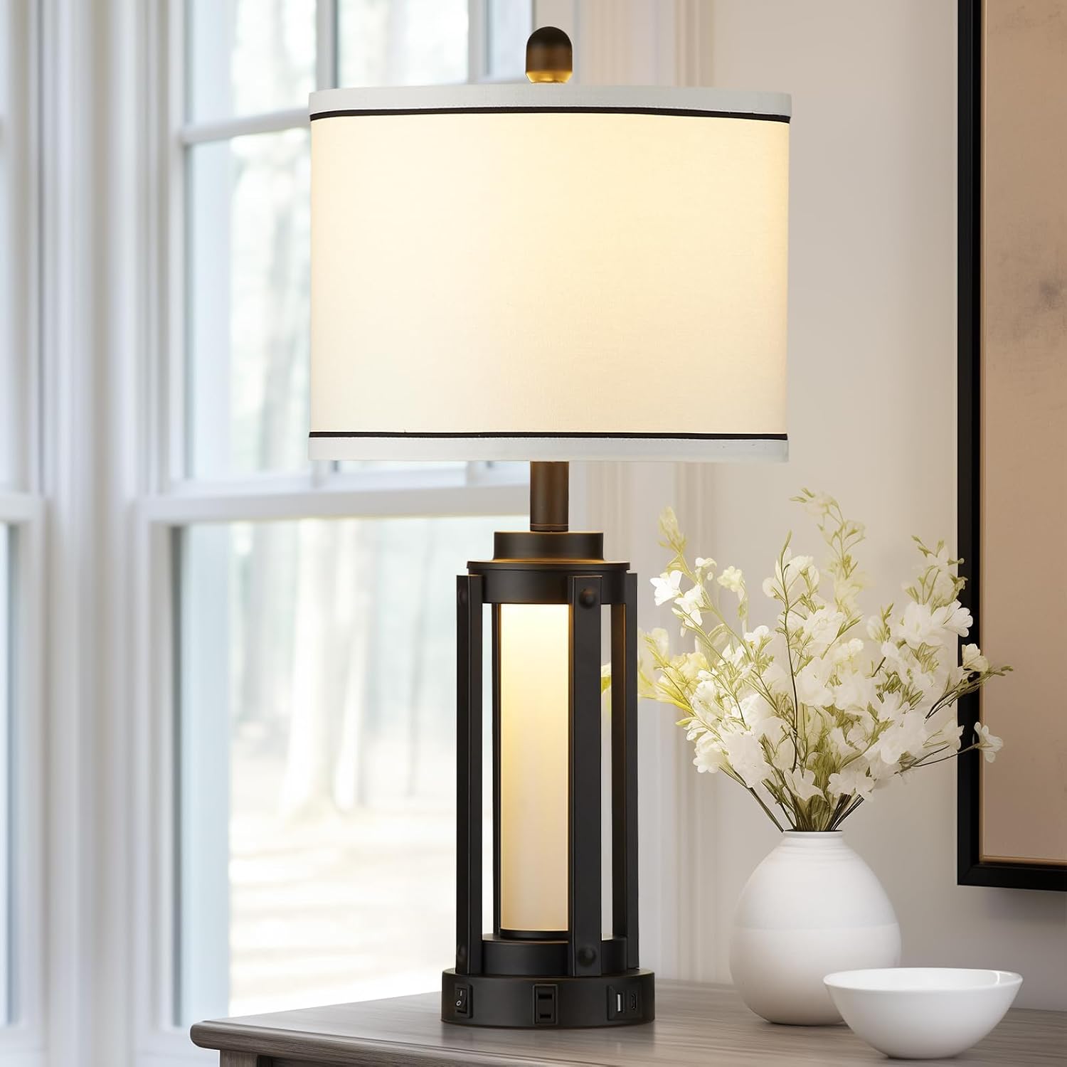26" Modern Table Lamp with USB A+C Charging Ports & AC Outlet, Industrial Beside Contemporary Lamp Glass LED Night Light for Living Room…