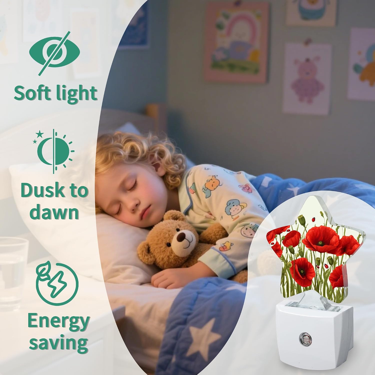 Star Night Light with Dusk to Dawn Sensor, Red Flowers Plug in Night Light for Kids Bedroom Nursery, Soft Warm Glow Lamp for Hallway…