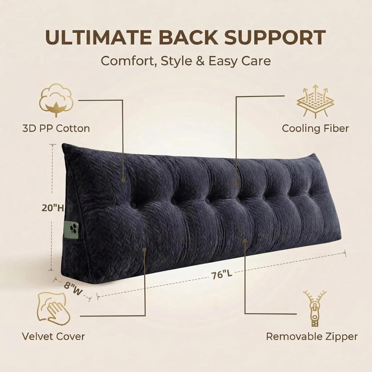 Headboard Pillow King Size, Reading Pillow for Bed, Leaf Pattern Wedge Pillow, Tufted Backrest Support, Headboard Substitute, Darkgray