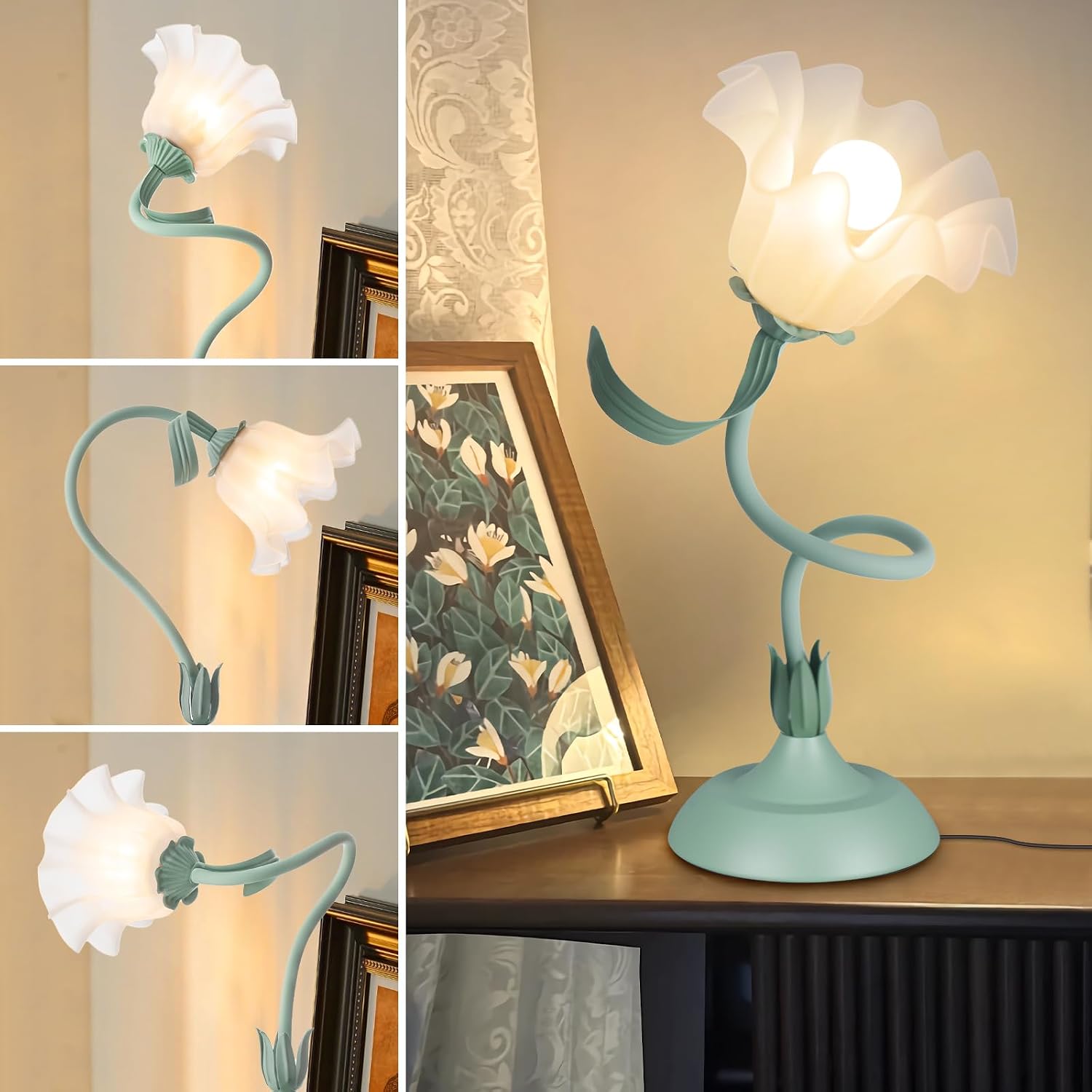 Larnix Women Bedside Table Lamps for Bedroom, Cute Flower Desk Lamp With Adjustable Flexible Gooseneck, 3 Color Temperatures Nightstand Lam…
