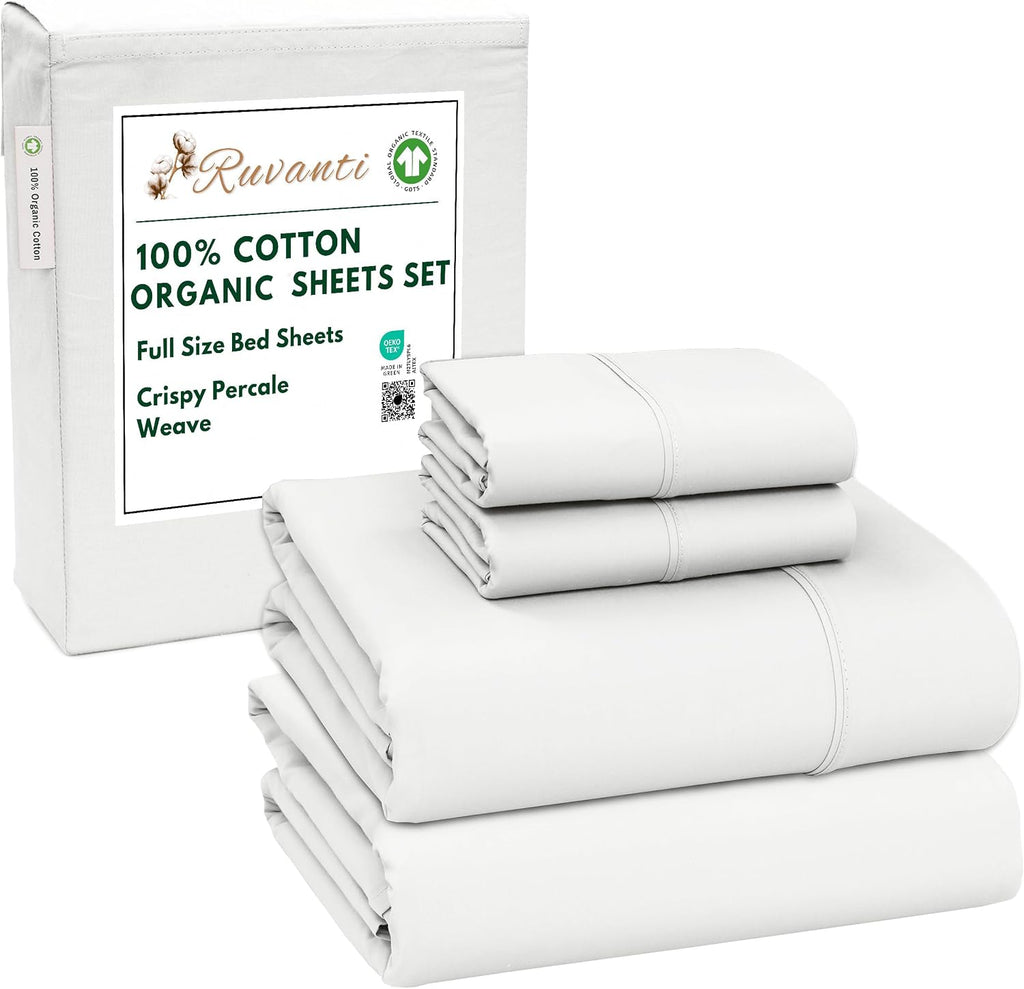 Ruvanti 100% Cotton Organic Percale Sheets Full Size – Crisp Cooling Bed Sheets for Hot Sleepers, Deep Pocket 15”, Soft Peach Finish, Breat…