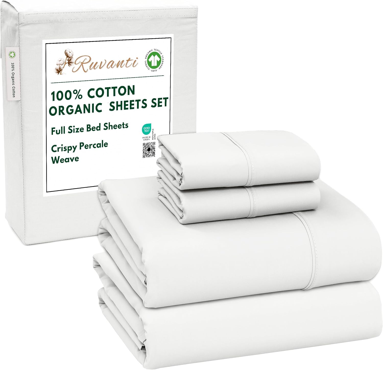 Ruvanti 100% Cotton Organic Percale Sheets Full Size – Crisp Cooling Bed Sheets for Hot Sleepers, Deep Pocket 15”, Soft Peach Finish, Breat…