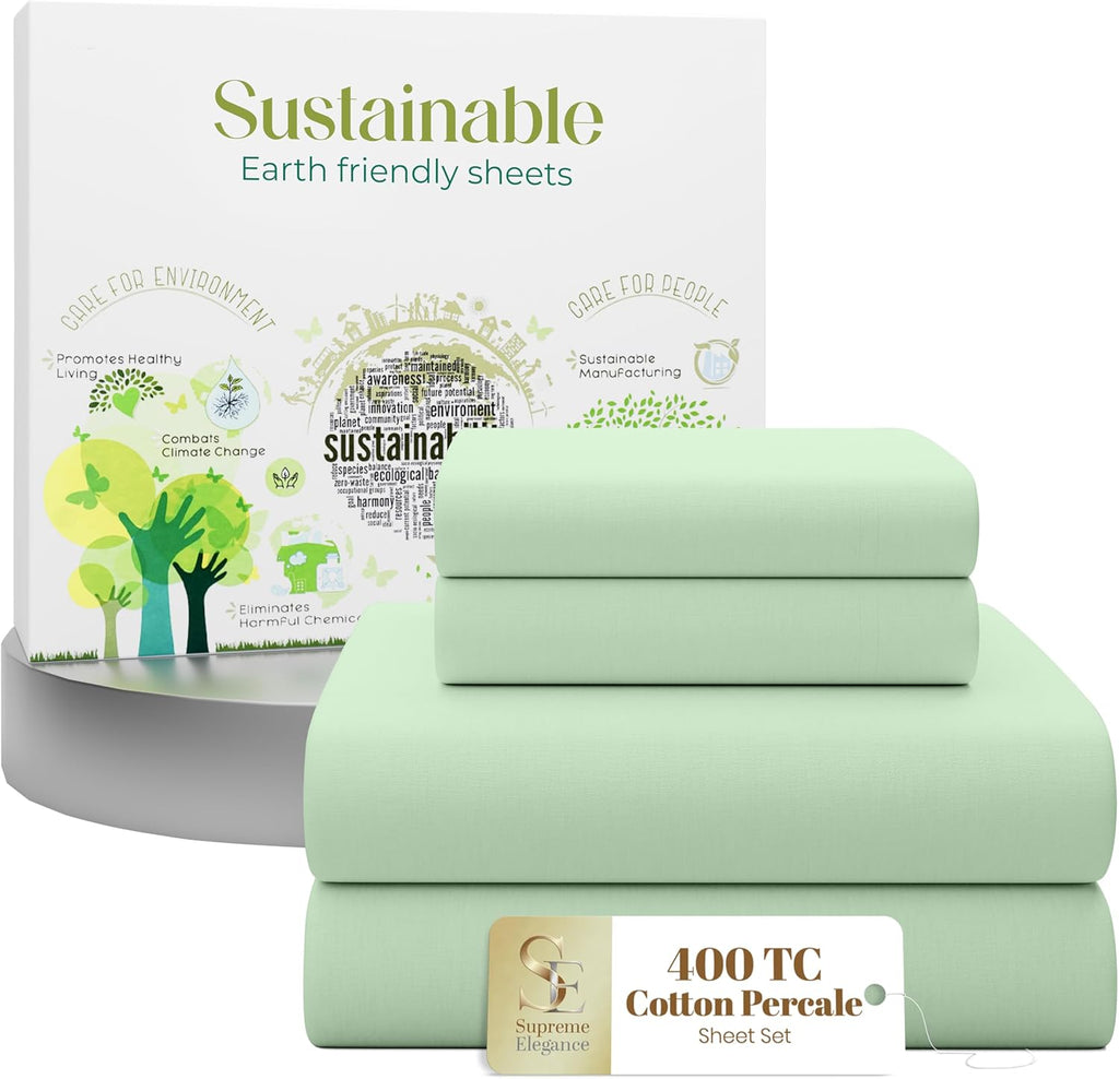 SupremeElegence SUPREME ELEGANCE 4 Pcs 100% Cotton King Size Sheets Set, Teal Green, 400 Thread Count, Percale Weave, Cooling, Long Staple…