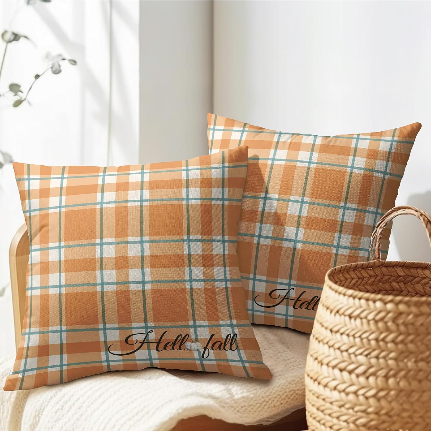 Orange Stripe Fall Throw Pillow Cover 16x16 Inch Set of 2 Hello Fall Stripes Buffalo Plaid Decorative Pillow Protector Pumpkin Autumn…