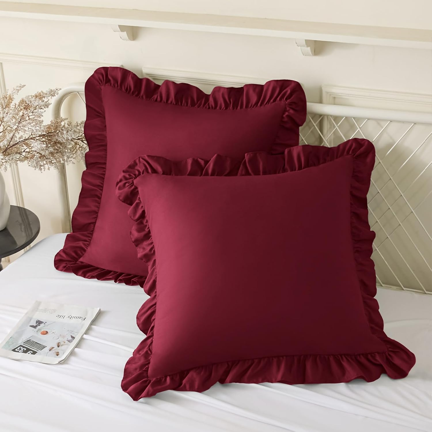 KKJIAF Ruffle Pillow Cases 26x26 Inches, Burgundy Square Ruffled Pillow Covers Set of 2, Microfiber Wrinkle Resistant Pillow Shams with…