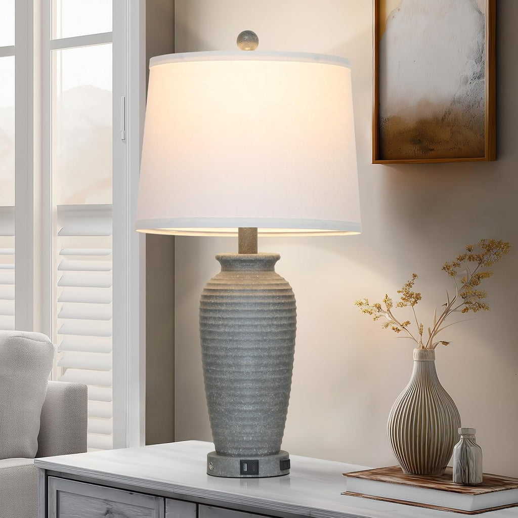 CINSARY 25" Grey Farmhouse Jar Table Lamps, 3 Way Touch Control Rustic Bedside Lamps with USB A+C Ports & AC Outlet, Pot Nightstand Lamps…
