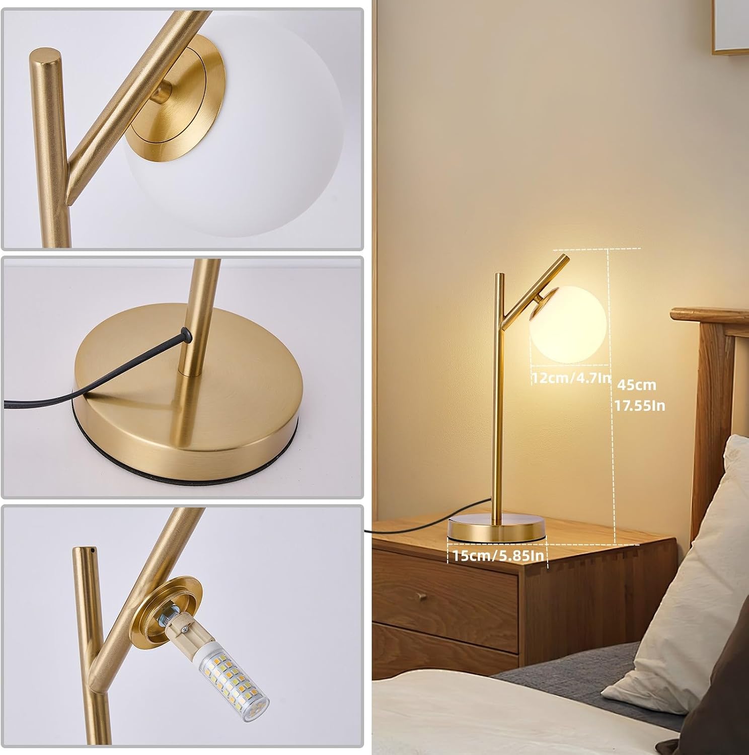KardleenFocusOnIndoorLight Gold Table Lamp, White Glass Globe lamp Mid Century Modern Bedside lamp Soft Glow Bedside Nightstand Light for B…