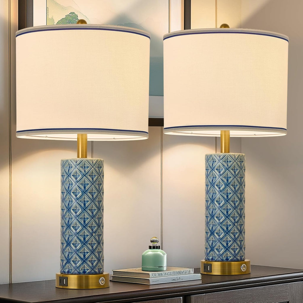 Set of 2 Table Lamp for Living Room Bedroom Farmhouse,26'' Touch Control Bedroom Aqua Blue Ceramic Lamps 3-Way Dimmable Bedside Lamps…