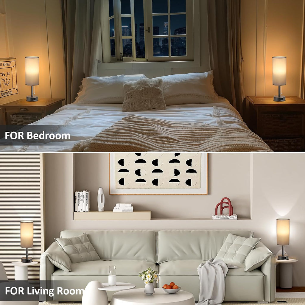 Fenmzee Dark Grey Bedside Table Lamps Set of 2-3 Color Temperatures Pull Chain Lamp with AC Outlet Charging Port, Small Round Night Stand…