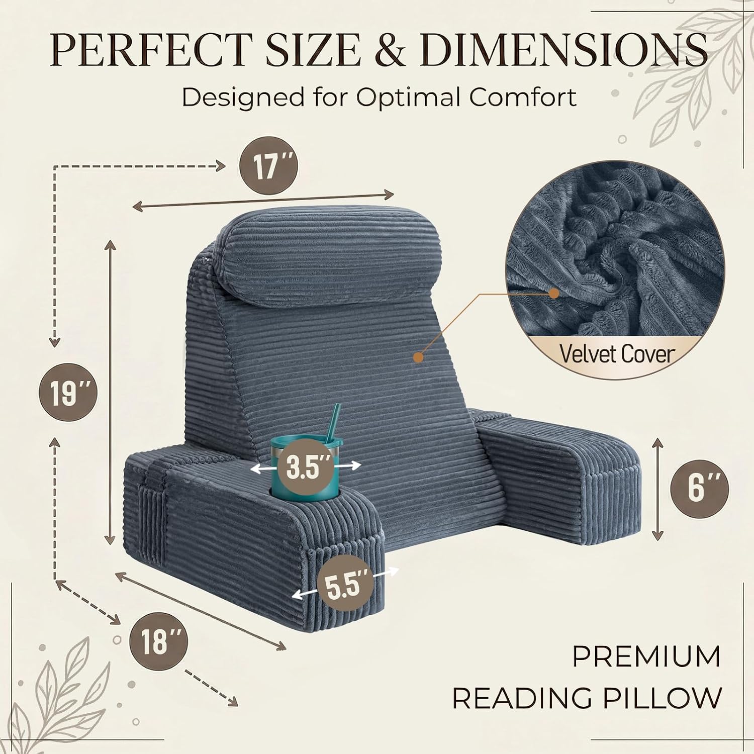 Asawesling Reading Pillow for Adults, Back Pillow for Bed Sitting Up, Backrest Pillow for Sitting in Bed, Detachable Arms with Built-in Cup…
