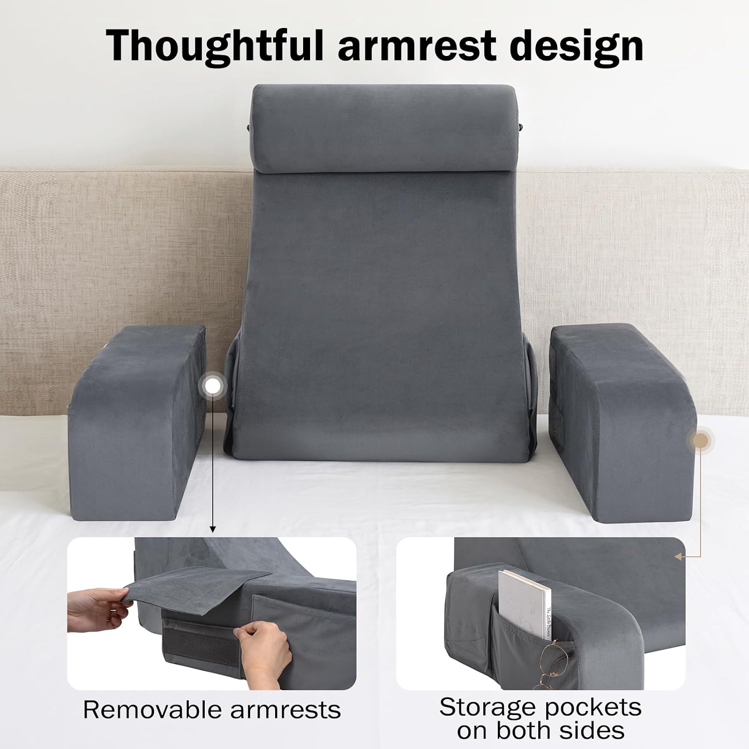 ENITYA Back Pillow for Bed Sitting Up, Reading Pillow with Armrests & Big Pockets for Adults, Upright Pillow for Resting, Watching…