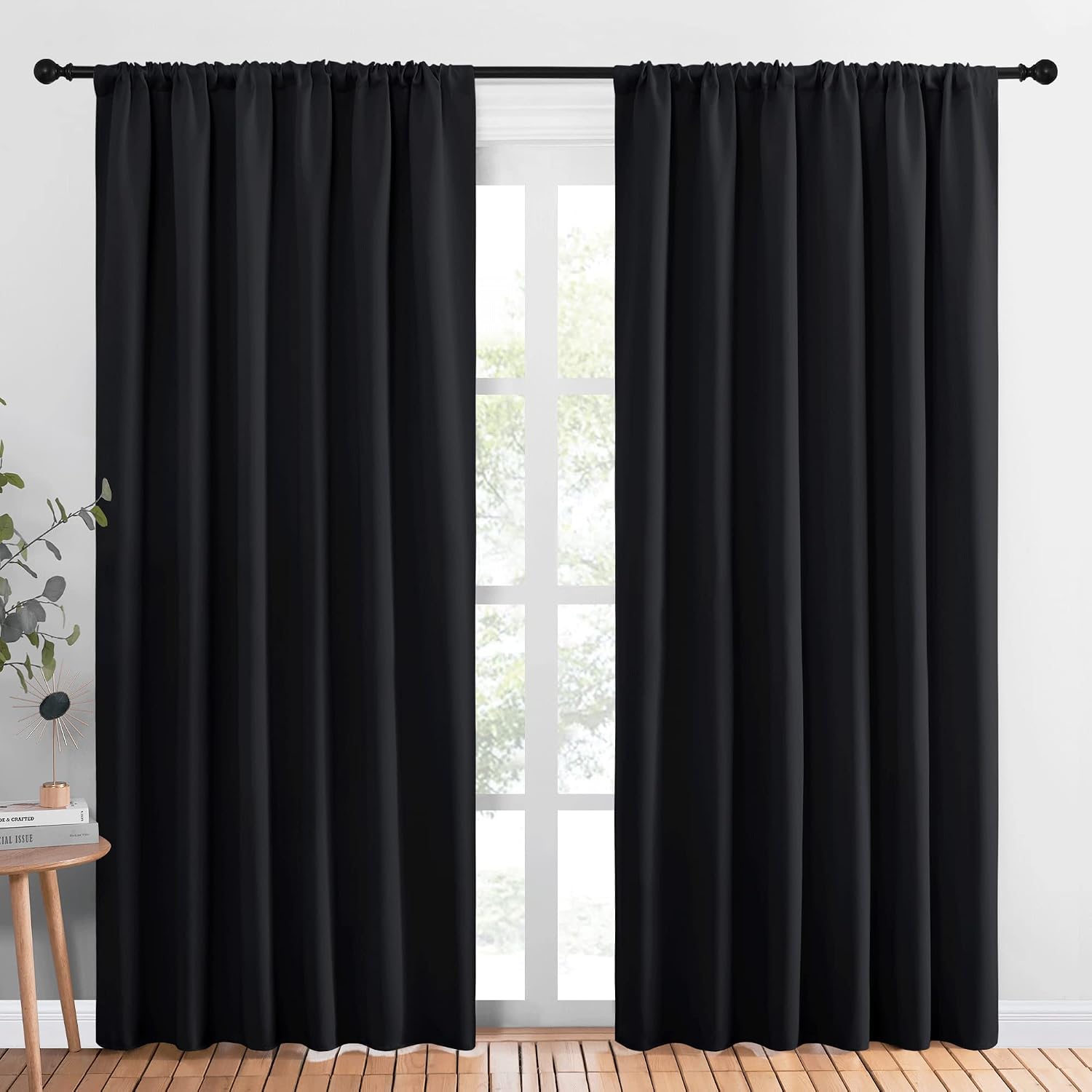 NICETOWN Black Blackout Curtain Blinds - Solid Thermal Insulated Window Treatment Blackout Drapes for Bedroom (2 Panels, 70 inches Wide…