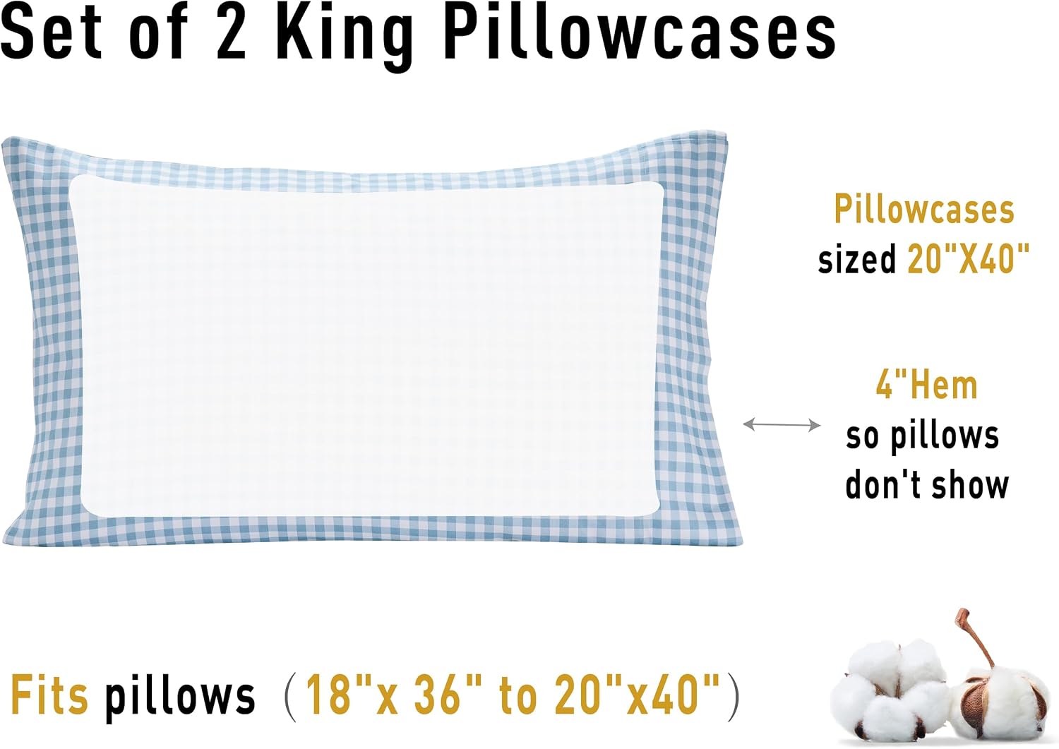 Sunflower King Pillowcases Set of 2, 100% Cotton King Size Pillow Cases 2, 20×40 inches Glacier Check, Soft and Breathable
