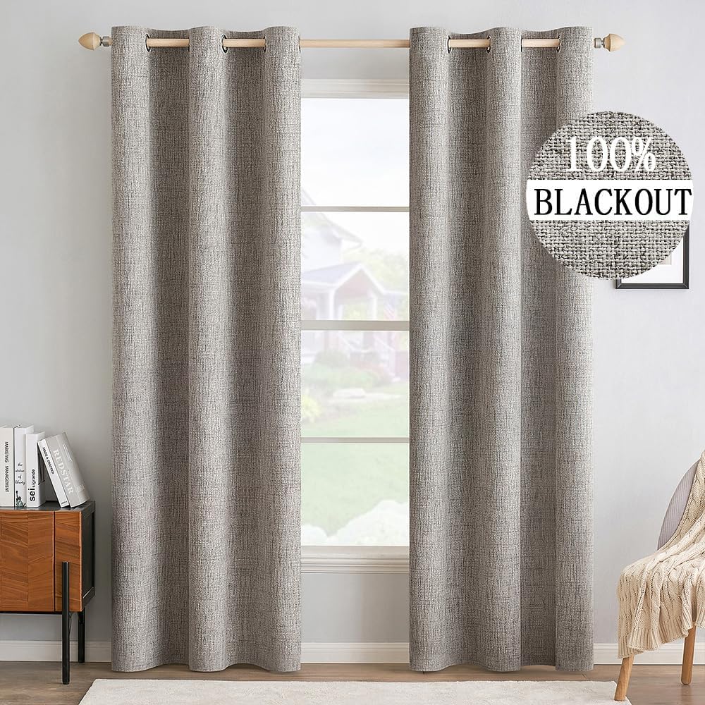 Miulee 100% Blackout Linen Textured Curtains for Bedroom Solid Thermal Insulated Warm Taupe Grommet Room Darkening Curtains & Drapes Luxury…