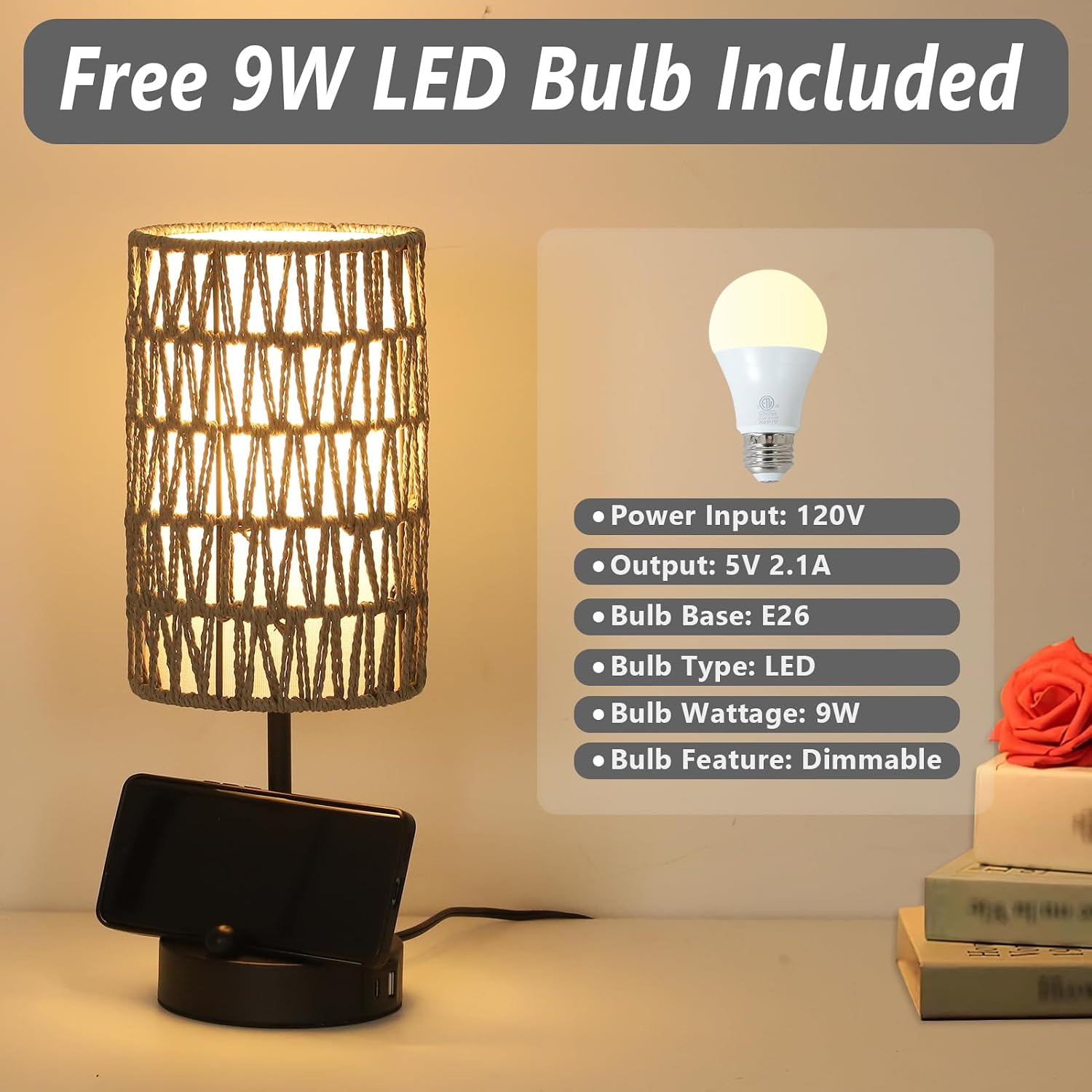 Touch Bedside Lamp For Bedroom with Bulb, Gray Boho Small Table Lamp For Living Room With Rattan & Linen Shade, 3 Way Dimmable Table Lamp…