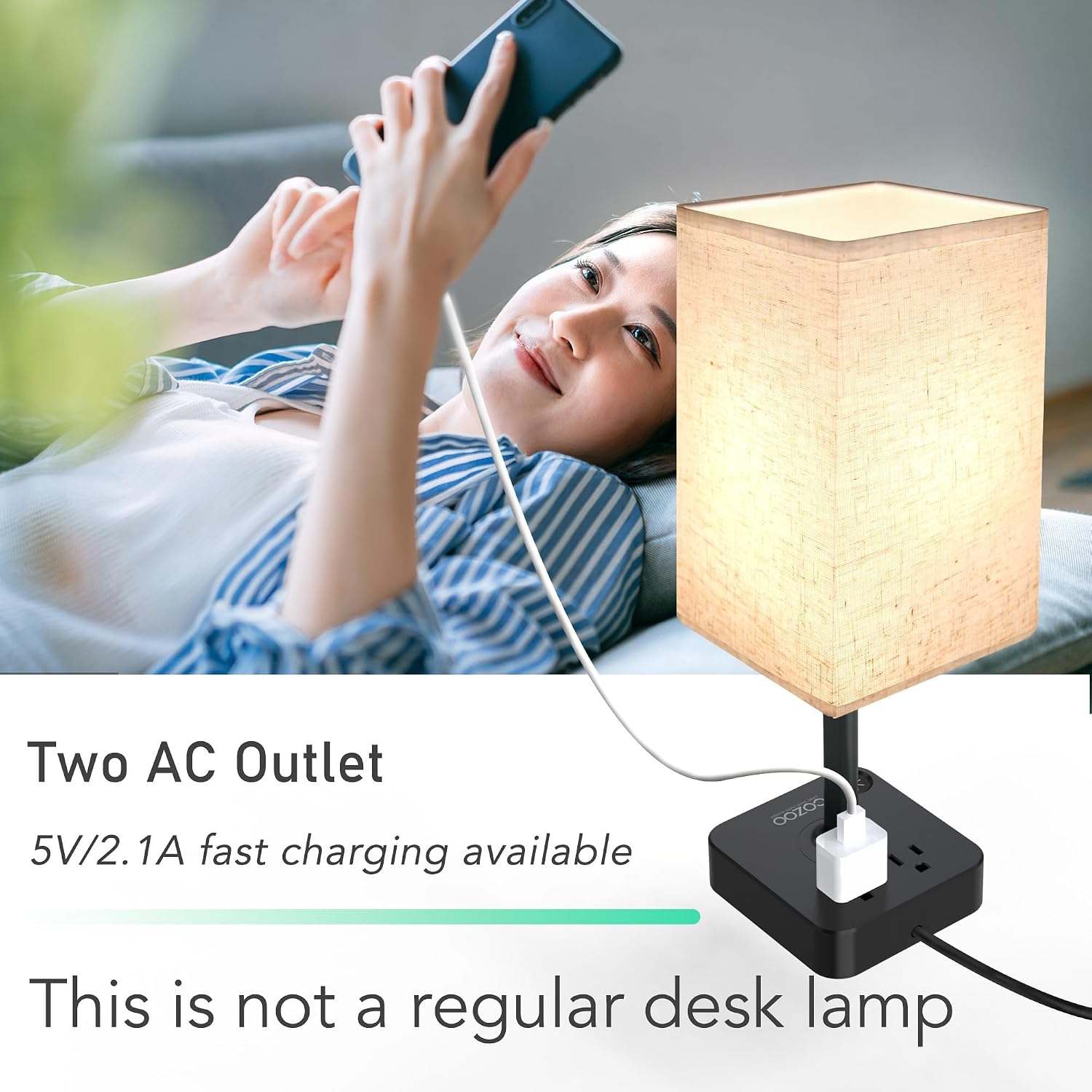 COZOO USB Bedside Dimmable Table Desk Lamp with 2 USB Charging Ports 2 Outlets Power Strip, Black Charger Base Flaxen Fabric Shade, LED…